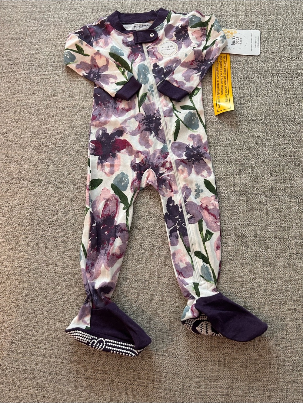 NWT Burt's Bees Baby Purple Floral Footed One-Piece. Size 12M